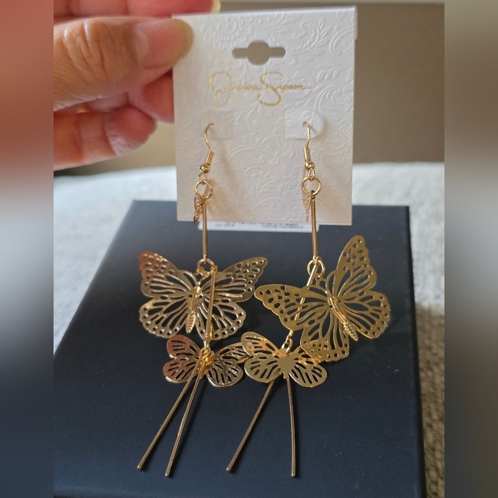 Jessica Simpson Elegant Gold Tone Butterfly Dangle Earrings - Picture 7 of 13